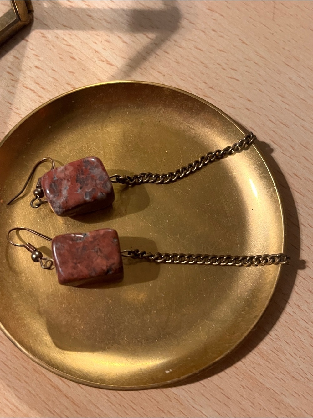 Lucky Brand Rust Red Jasper Stone Dangle Drop Earrings with Brass Chains